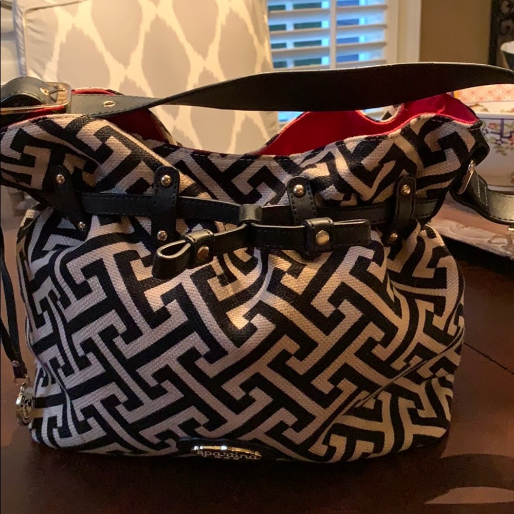 Spartina 449 Linen and Leather Greek Key Print Bag